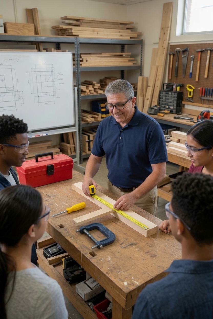 Jay Adam Pearson teaching building construction to students in the shop