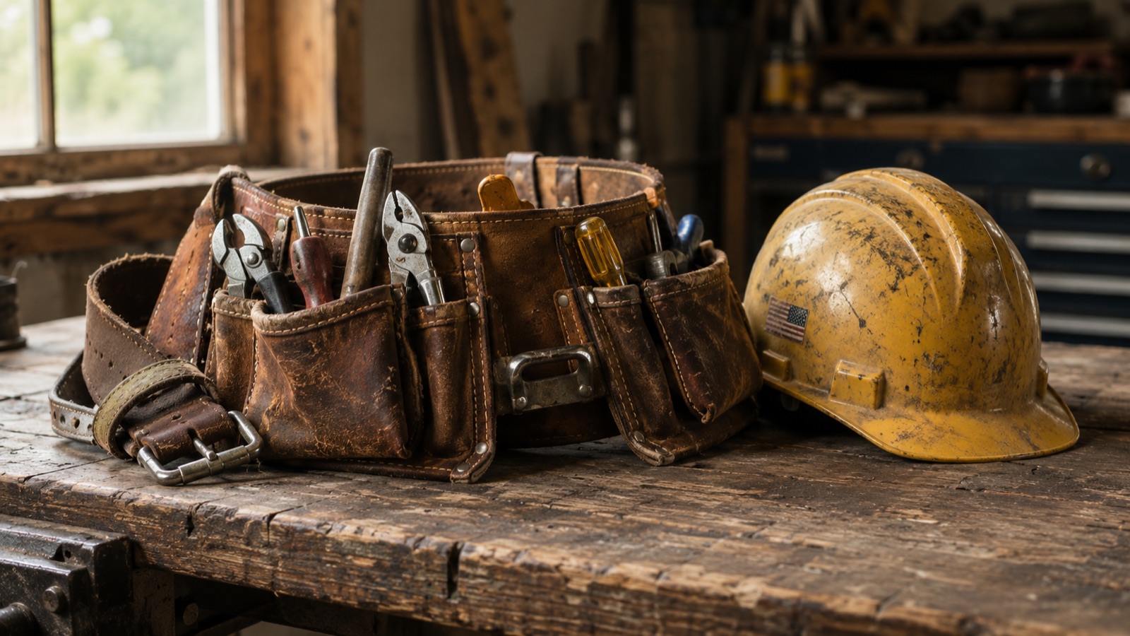 Construction tools on a workbench